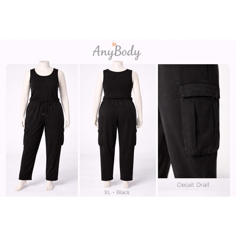 AnyBody Womens XL Sleeveless Mixed Media Cargo Jumpsuit Black A636692 NWT